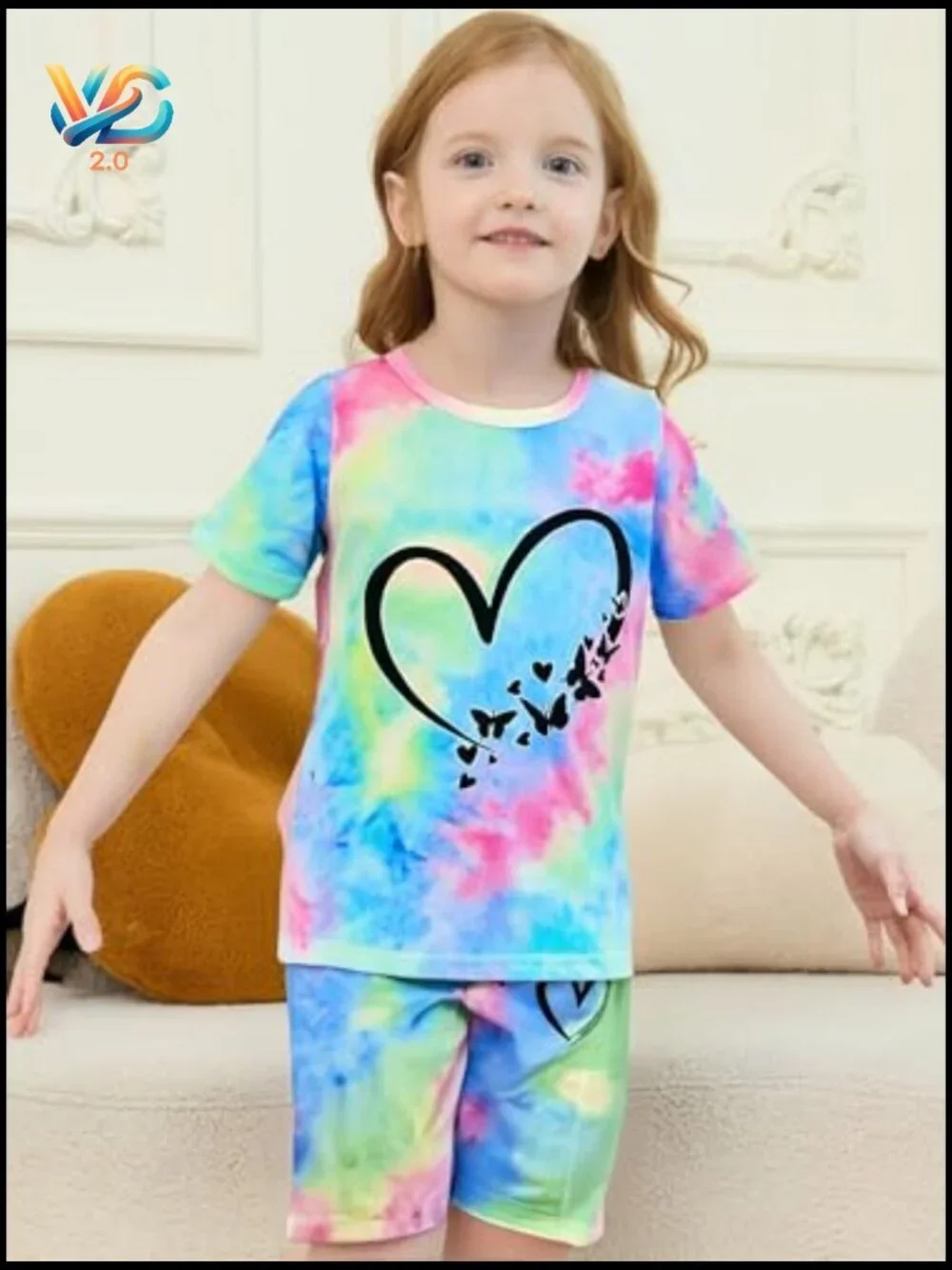 Tie Dye Heart Print Girls Top and Shorts Set